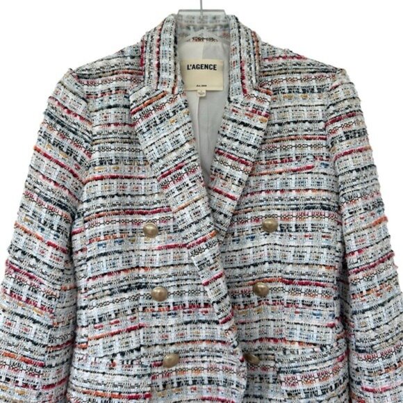 L'Agence Kenzie Double Breasted Orange Blue Multi Tweed Blazer Size 2 - Picture 3 of 11